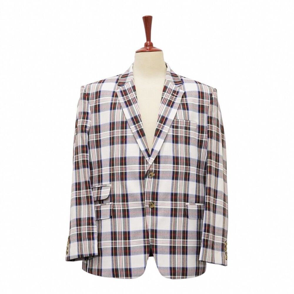 Mens 48R White Red Blue Tartan Plaid Cotton Blazer 2 Button Sport Coat Wedding - Picture 1 of 8
